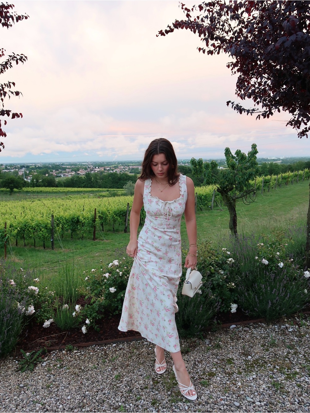 White Midi Dress with Delicate Pink Floral Print